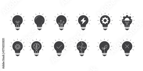 light bulb icon set in solid style. Creative idea, innovation and think solution sign. Light bulb with symbol element. Icon element for Applications and websites. Vector illustration.