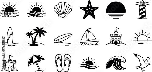 sun, sea, wave, shell, starfish, lighthouse, surfboards, palm trees, sailboat, sand castle, umbrella, and flip-flops, isolated on white.