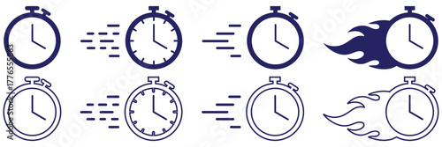 Set of fast clock icons in different motion styles like flame, glitch, and streaks. Useful for urgency, time management, express delivery, and deadline concepts Time fast icon editable Design template