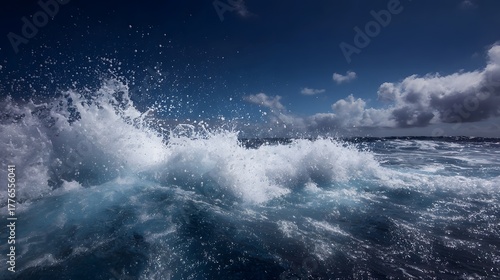 Fototapeta Naklejka Na Ścianę i Meble -  A dynamic ocean wave crashes with great force sending white spray and foam into the vast deep blue sky with scattered clouds