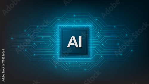 Artificial intelligence chipset on circuit board with electronic elements. Futuristic tech background. Technology vector illustration.