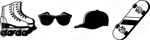 Roller Skates, Sunglasses, Cap, and Skateboard for Youth Culture, Summer Fun, and Nostalgic Design Elements.