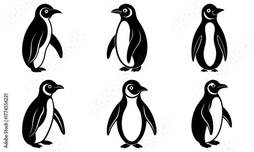 Six charming penguins in a playful group, perfect for children's designs, educational materials, or adding a touch of Antarctic whimsy to your project