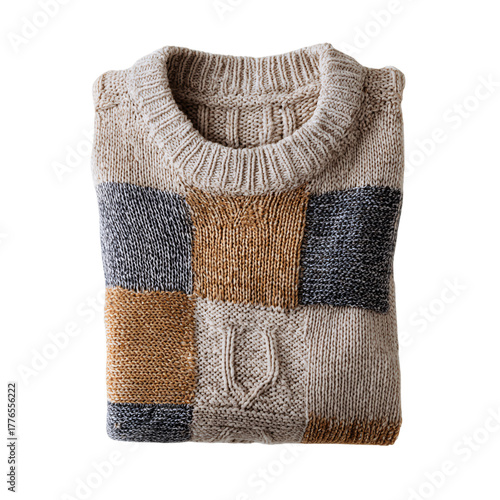 Folded patchwork knit sweater isolated on transparent background