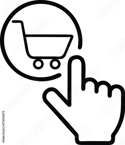 Finger clicking Shopping Cart outline icon for cyber monday