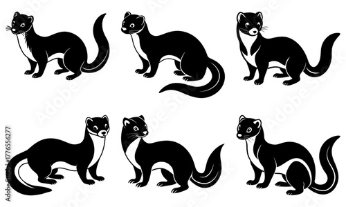 Elegant stoat family in sleek black and white, originally created as scalable vector art, perfect for nature illustrations, wildlife designs, or animal motifs
