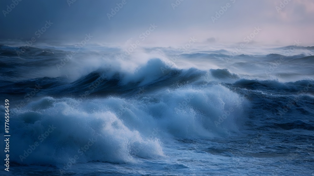 Obraz premium Dramatic powerful ocean waves crash with spray and foam under a dark hazy sky