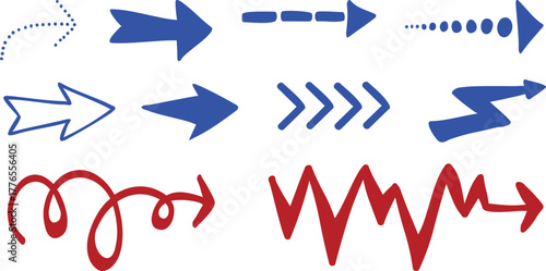 Collection of diverse Vector  arrows in blue red and dotted styles showing direction and movement