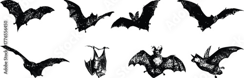 Vector  Collection of eight spooky black bat silhouettes in various flying and hanging poses on a white background