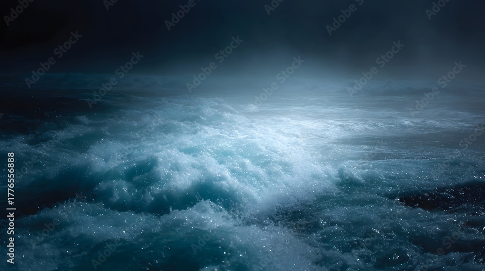 Fototapeta premium Dynamic churning ocean waves surge through dark misty waters under atmospheric light
