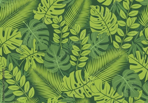 Lush tropical jungle leaves seamless pattern on green background