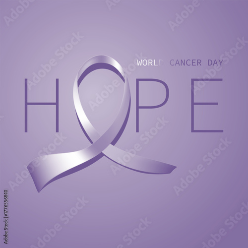 Elegant purple ribbon symbolizing hope and support for World Cancer Day on soft gradient background. 3D awareness ribbon design for healthcare and charity concepts