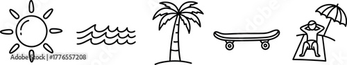 Hand-Drawn Summer Beach and Vacation Icons Set. Doodle Style Sunshine, Ocean Waves, Palm Tree, Skateboard, and Sunbathing Person Vector Illustration.