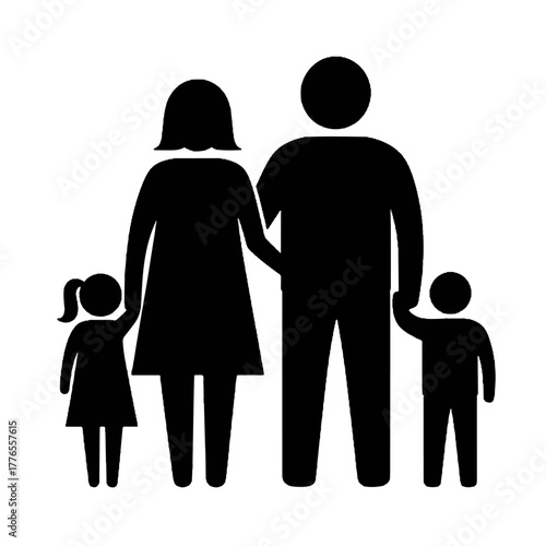 Family Icon Pictogram Symbol Black Silhouette of Parents and Two Children (Boy and Girl) Vector Illustration