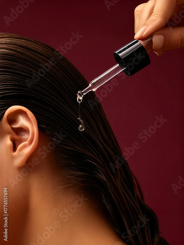 Applying nourishing oil to enhance healthy hair shine in a beauty setting
