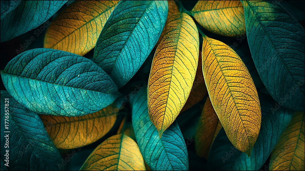 Fototapeta premium Vibrant teal and golden leaves with intricate veins creating a stunning natural pattern