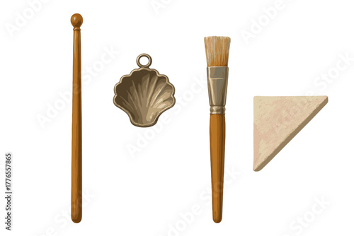 Assortment of craft and art supplies including wooden stick, metal shell charm, paintbrush, and sponge piece