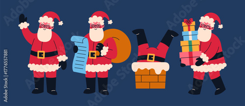 Funny Santa Claus character in different poses. Vector Christmas illustration for greeting cards or posters. Flat cartoon style.