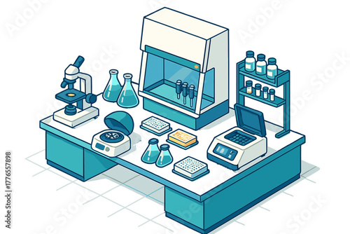Isometric view of a modern science laboratory workbench with research equipment