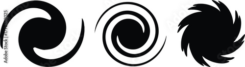 Vector Three abstract black spiral shapes with different textures and line styles on a white background