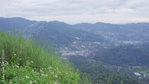  Sunset over the mountains, bird's eye view of the forest and trees
