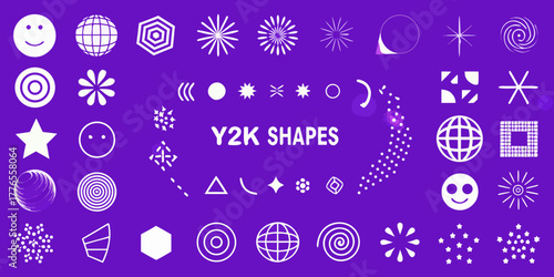 Collection of y2k aesthetic geometric shapes and icons on a vibrant purple background