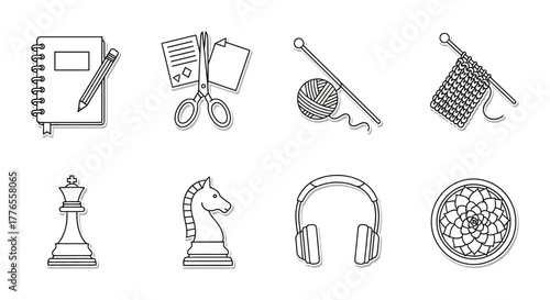 hobby icons notebook with pencil scissors with paper knitting chess pieces and headphones showcasing leisure pursuits and creative activities.