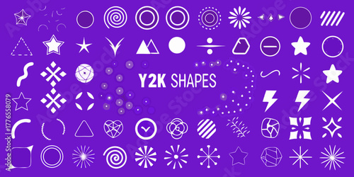 Collection of y2k aesthetic shapes and design elements in white on a purple background