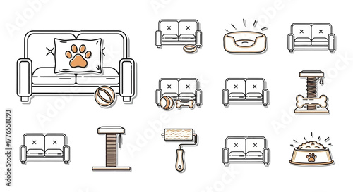 Pet supplies icons comfortable couches cozy pet bed scratch post and bowl for cat and dog care representing home living pet ownership