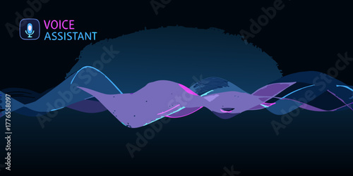 Abstract sound wave visualization with voice assistant logo and microphone icon on dark background