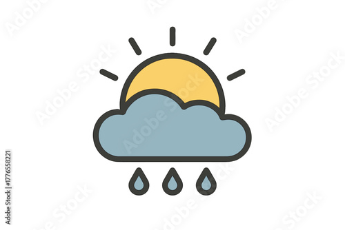 Colorful flat design of a cloud partially covering the sun and rain