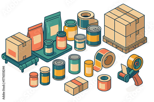Isometric assortment of product packaging, shipping boxes, storage jars, and labeling equipment