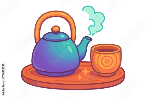 Colorful stylized teapot and cup set on a serving tray with steam rising