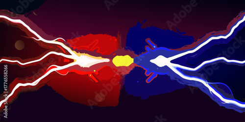 Abstract clash of opposing red and blue lightning energy beams meeting in a bright yellow explosion