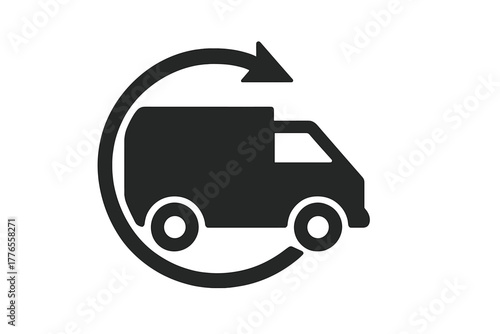 Minimalist black delivery van graphic with circular arrow for return shipping service