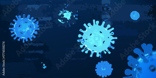 Abstract blue virus particles floating in a dark background with textured elements representing cells or a microscopic view