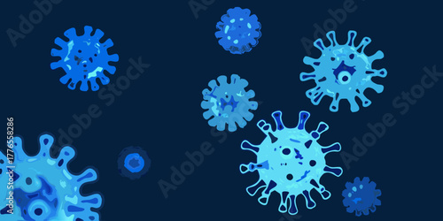 Abstract illustration of blue virus particles floating in dark blue space representing a pandemic or disease outbreak