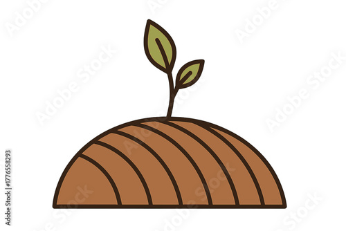 A young green seedling sprouts from a small mound of brown tilled earth