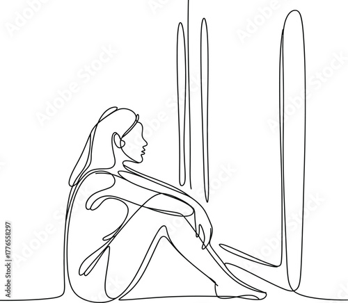Woman Sitting in Contemplation One Line Drawing reflection