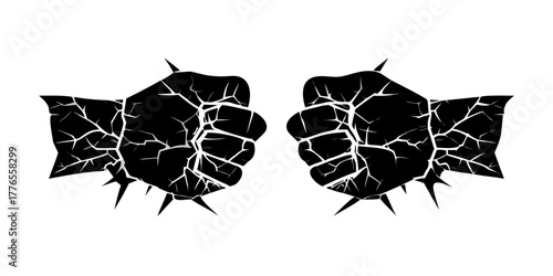 Two abstract black shapes with white crack patterns resembling lightning or shattered glass on a black background