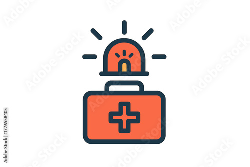 Emergency medical alert symbol featuring a first aid kit and flashing siren light