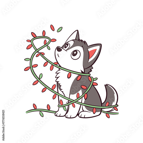 Cute husky puppy tangled in festive christmas lights