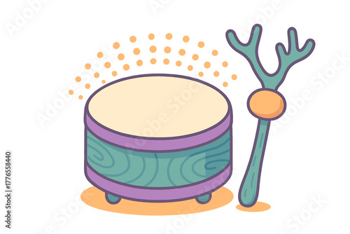 Stylized hand drum and beater with decorative patterns and warm earthy colors