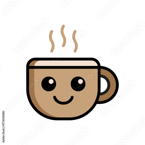 Cute Coffee Cup Icon – Kawaii Flat Style Coffee Emoji for Café and Food Illustration