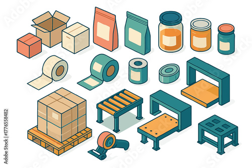 Isometric packaging materials, shipping boxes, industrial containers, and logistics equipment