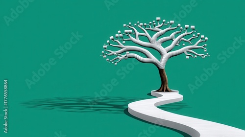 A stylized white tree with a winding path on a teal background, symbolizing growth and connectivity.