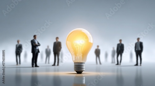 A glowing light bulb stands out in the foreground, while shadowy figures in suits loom in the background, symbolizing innovation and inspiration in a business context.