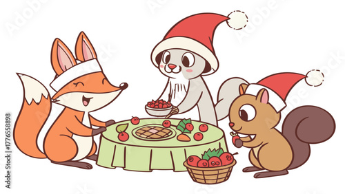 Animals Christmas Feast Vector Silhouette, Illustration of animals, including a fox, squirrel, and a badger-like creature, enjoying a festive Christmas meal