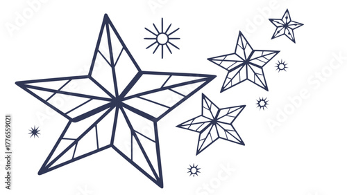Stylized Geometric Stars and Sparkles Silhouette Vector, Illustration of a group of stylized geometric stars with radiating lines and small sparkles, evoking a celestial feel 