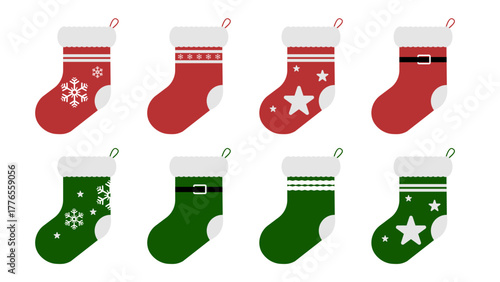 Christmas stocking decoration collection featuring eight colorful red and green festive sock designs with snowflake, star.